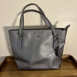 Coach Peyton Metallic Pewter Silver Crossgrain Saffiano Zip Top Tote